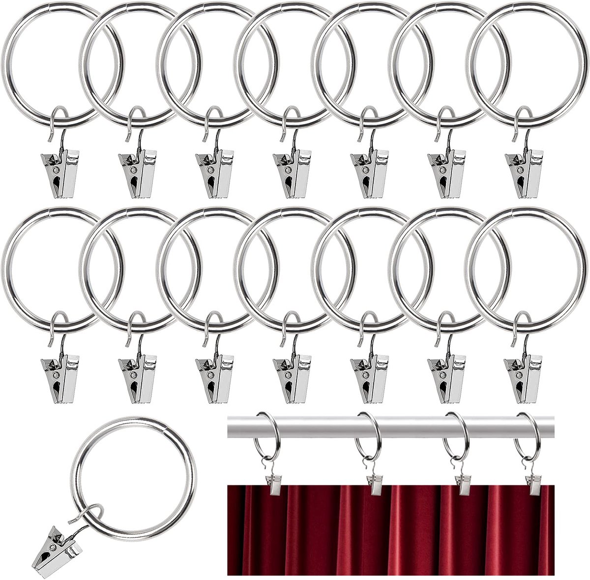 YIXISI 15 Stuks Gordijnroede Ring Clips, 32mm Gordijn Ringen met Clips, Douchegordijn Haak Clips, Gordijn Hangers Clips, Licht Hangers Draad Houders, voor Gordijnen en Staven (Zilver)