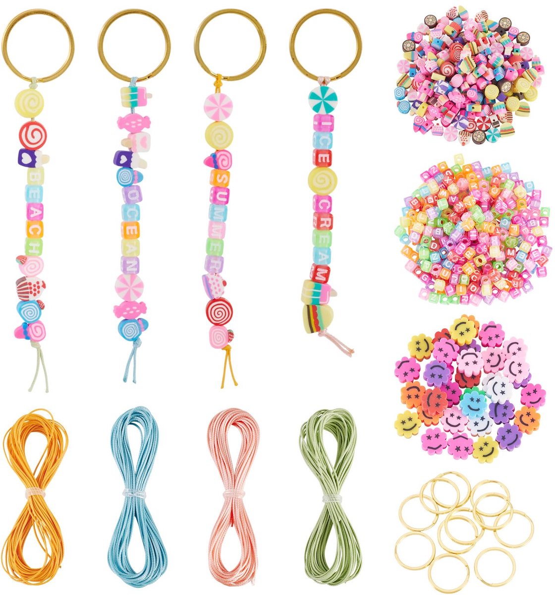 Letterkralen voor sleutelhangers maken kleurrijke vruchten polymeer klei kralen acryl rocailles met koorden sleutelhangers voor doe-het-zelf ambachten sieraden maken kits
