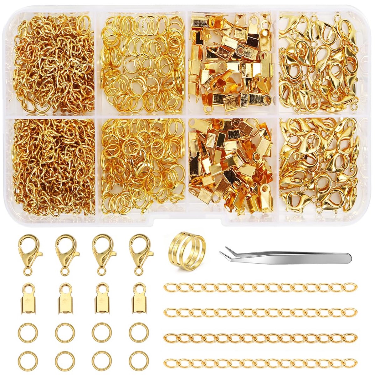 300 stuks, armbandsluiting, sieradensluiting, karabijnsluiting, buigringen en krimpuiteinden voor halskettingen, armbanden, sieraden, knutselen, doe-het-zelf (goud)