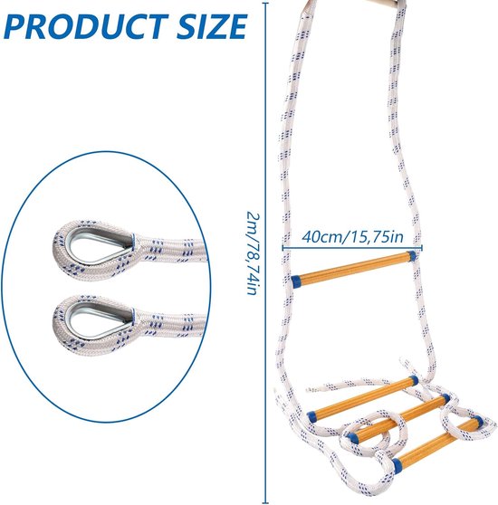 Een 2 meter lange reddingsladder met houten sporten en een breedte van 40 cm. Details van de metalen lussen zijn zichtbaar.