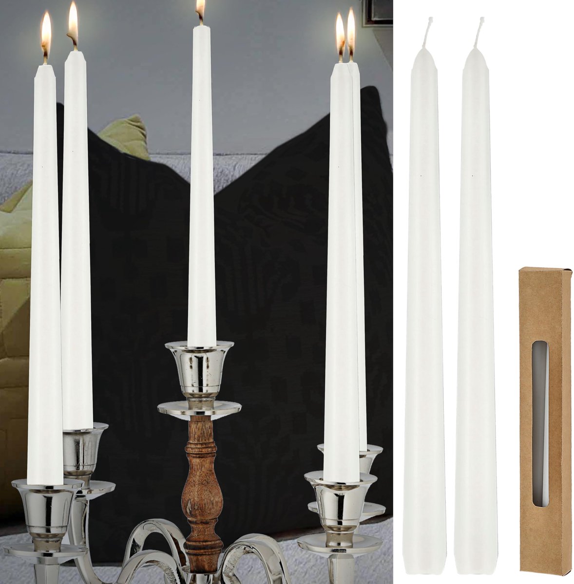 Set van 2 staafkaarsen wit | 2x25cm paraffine | Waskaars echtwas decoratieve kaars glanzend spitse kaars (1 x set van 2 witte staafkaarsen)