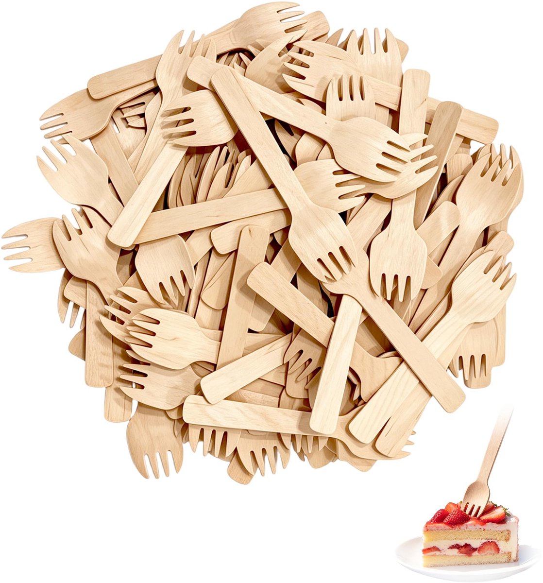 300 stuks milieuvriendelijke mini-houten vorkjes, 10,5 cm, 2-in-1 vork-lepel, van berkenhout, 100% natuurlijk, milieuvriendelijk, biologisch afbreekbaar en composteerbaar
