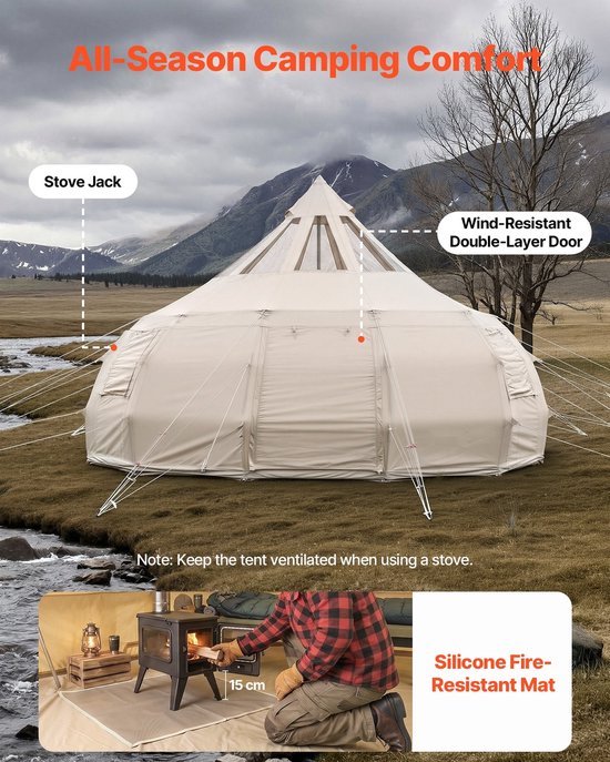 Canvas Bell Tent - 5 m Yurt Tipi Tent - 4 Seizoenen - Met Schoorsteenopening & Regenhoes - Polykatoen - Voor 12 Personen - Beige — afbeelding 3