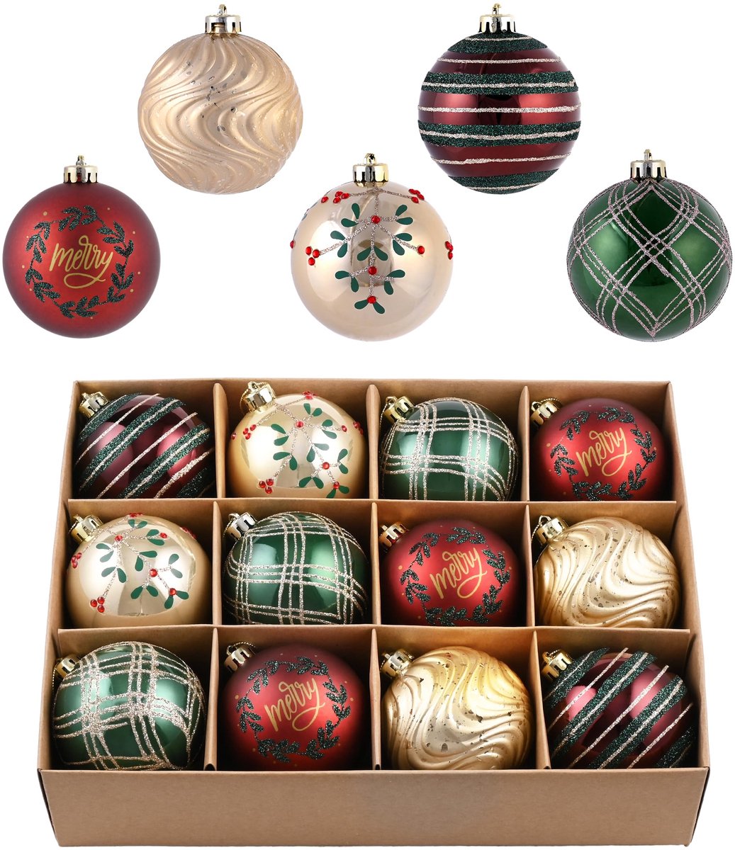 Kerstballen, 12 stuks 8 cm rood groen goud onbreekbare balornamenten voor boomdecoraties, hangende geschenken
