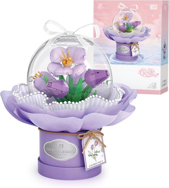 Boeket Bouwstenen - Kunstbloemen Decoratie - Woonkamer Decoreren - Met Lichtstrip - 13.5 x 13 x 17.5 cm - Paarse Tulp
