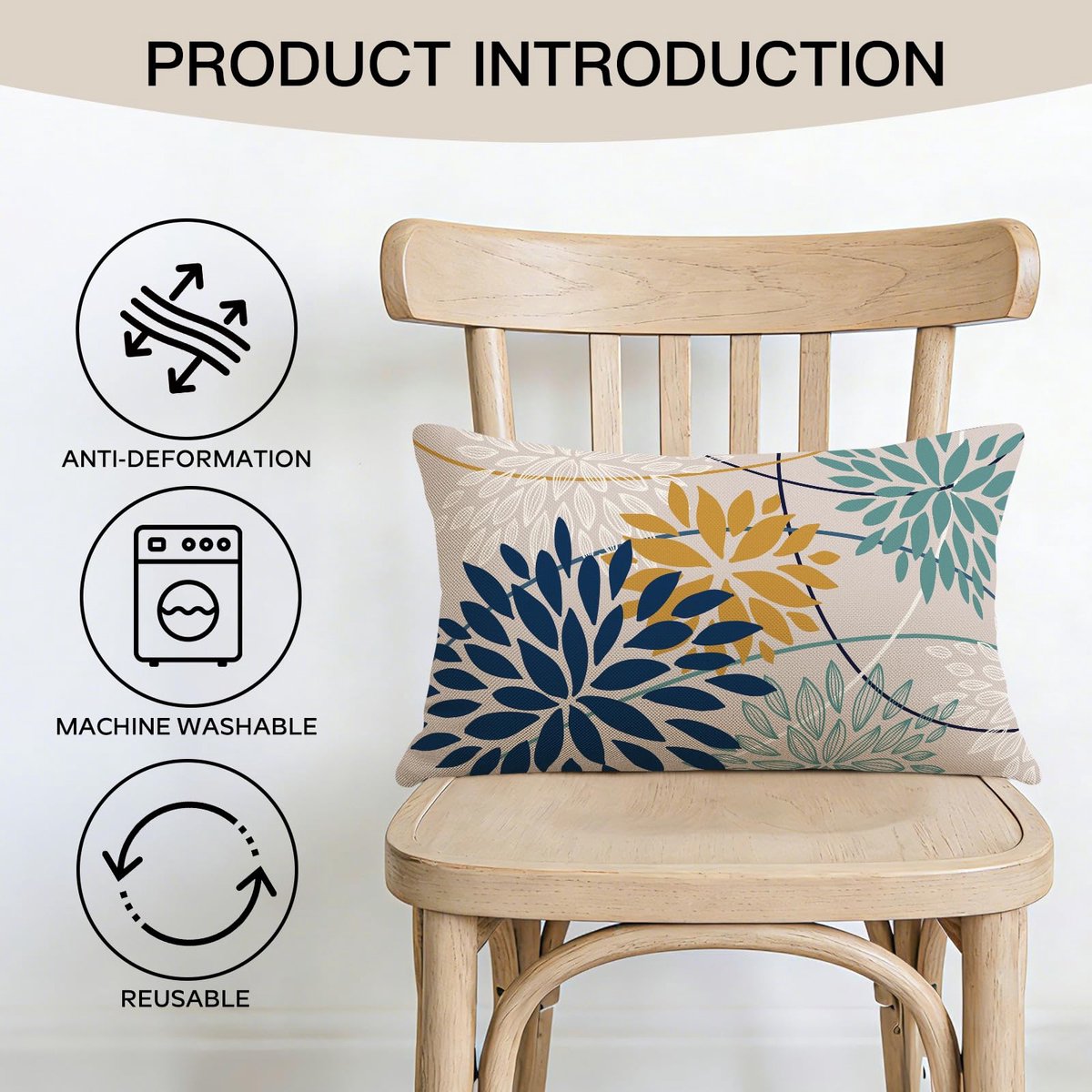 Set van 2 decoratieve kussenhoezen met bloemen, blauw en geel, 30 x 50 cm, lente, geometrisch linnen kussen voor thuis, bank, slaapkamer, decoratief