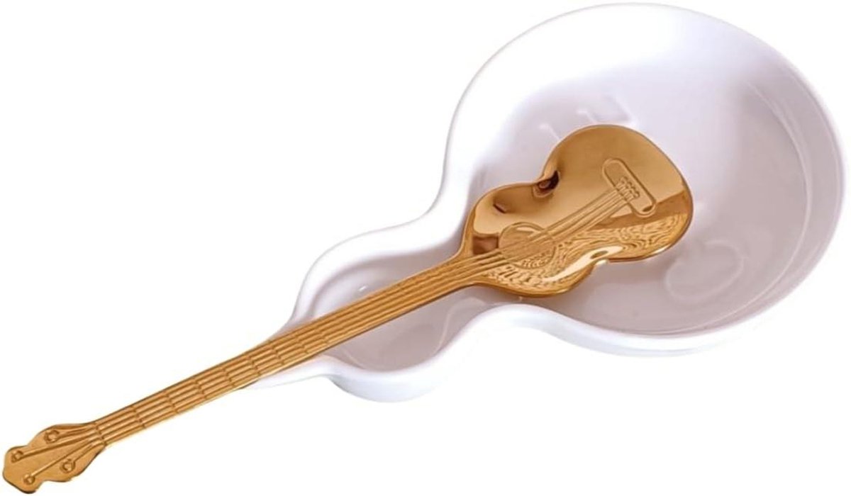 Koffielepel en Rust - Lepelsteun Theelepelhouder - Koffiestation Organiseren - Gitaar Vorm - 11.94 x 7.62 cm - Goud