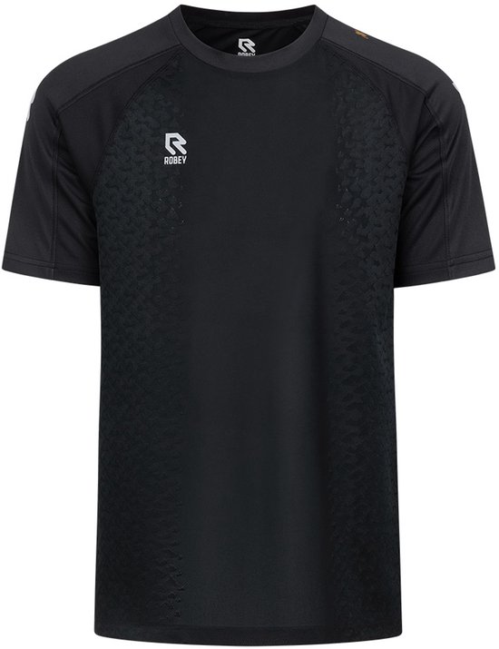 Zwarte Robey sportshirt met logo op de borst en patroon op de rug.
