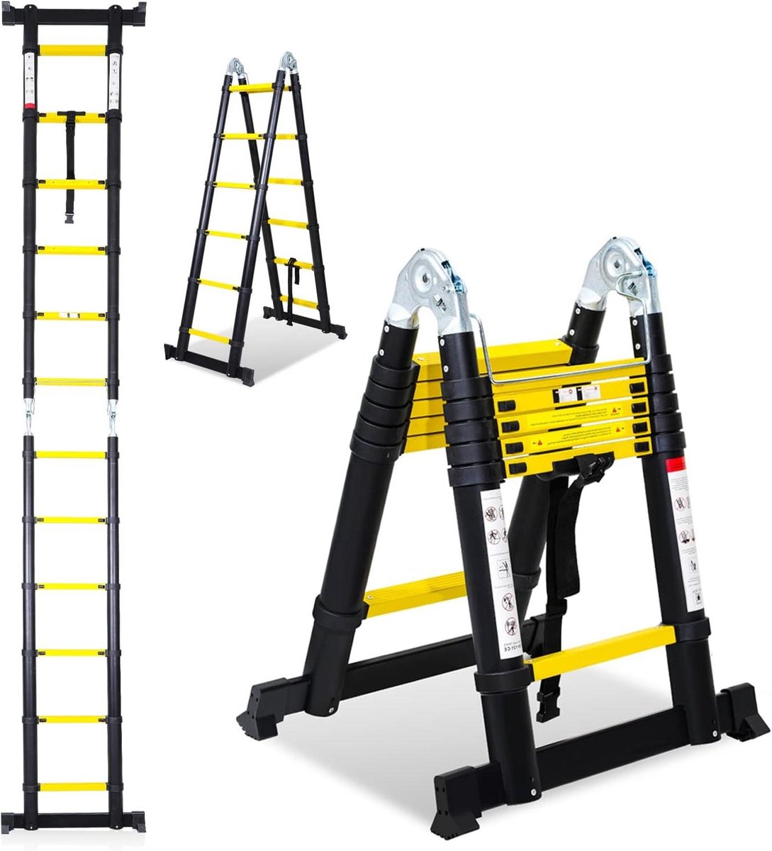 Telescopische Ladder - Vouwladder Aluminium - Klussen Binnen Buiten - Veiligheidsvergrendeling Sporten - 3.8 Meter Hoog - Zwart Geel