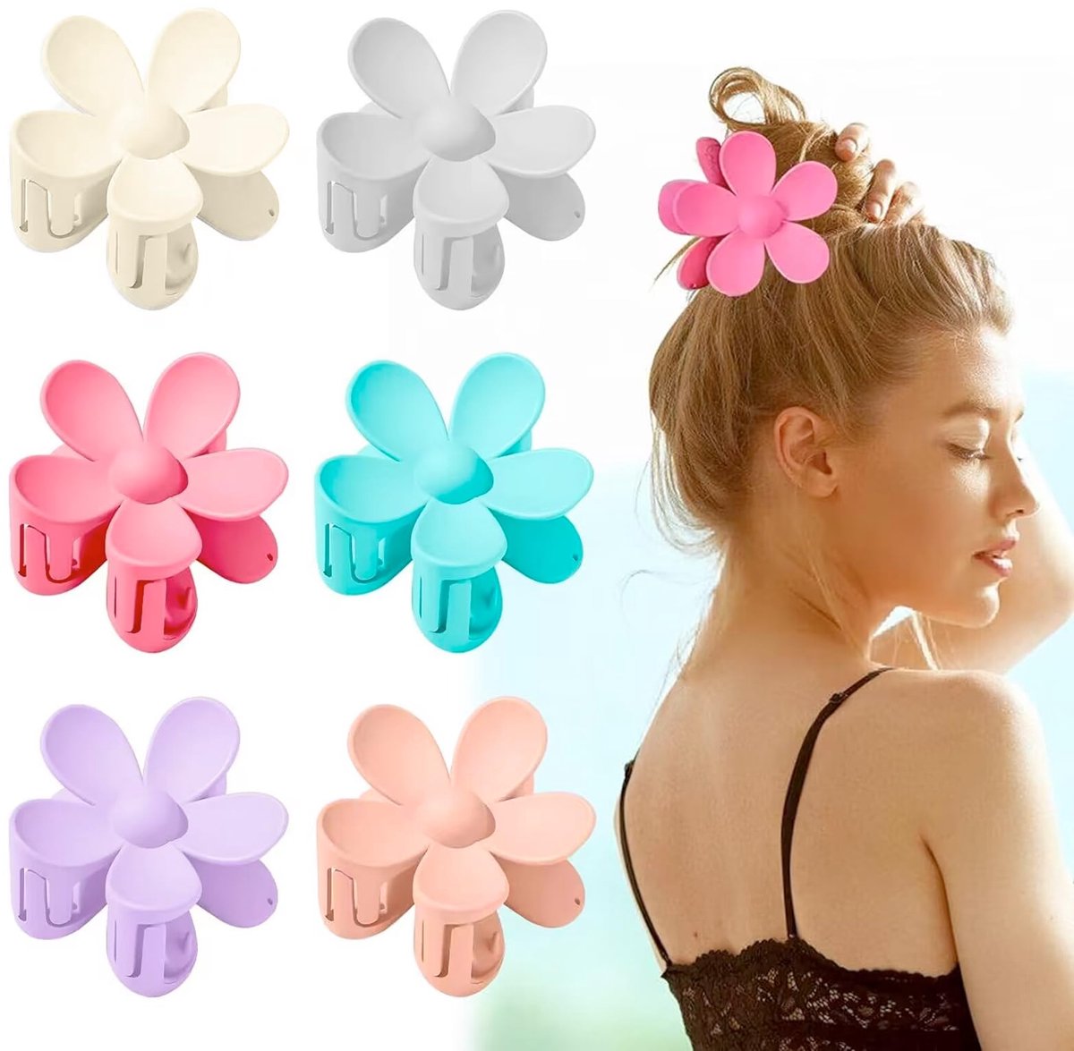 6 Stuks Matte Bloem Haarspelden, Antislip Kunststof Haarklauw Bloemblad, Grote Klauw Clips voor Vrouwen en Meisjes Met Dik/Dun Haar, 6 Kleuren