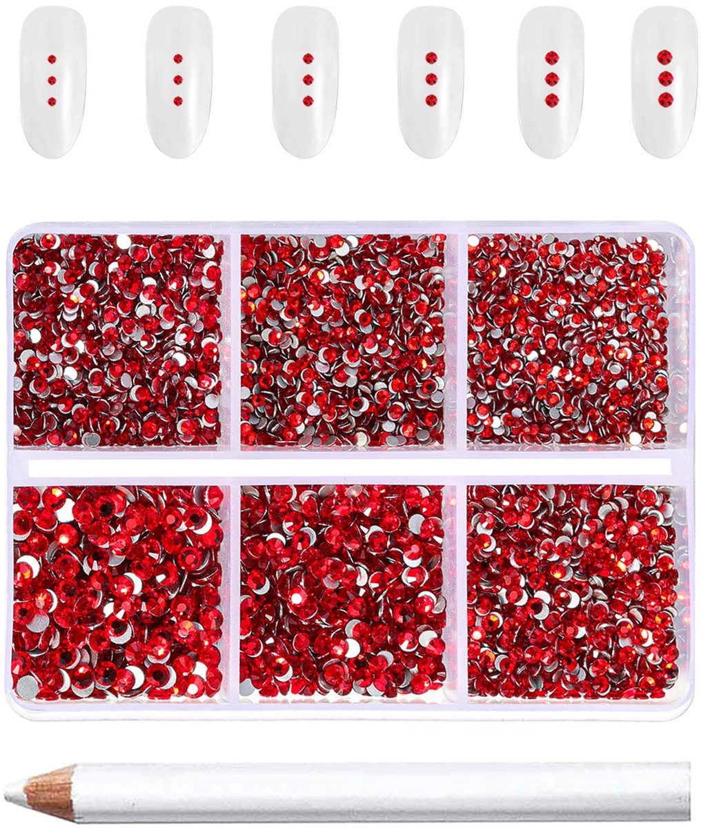 Strass-steentjes met platte onderkant, rode strassteentjes, kristal, ronde edelstenen voor kunsthandwerk, gemengd, 6 maten, met waskrijtkit, SS3-SS10, lichtrood
