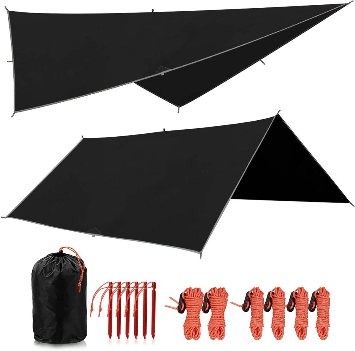 Hangmat Tarp - Regenzeil Schaduwzeil - Outdoor Kamperen - Waterdicht Ripstop - 300x300 cm - Zwart