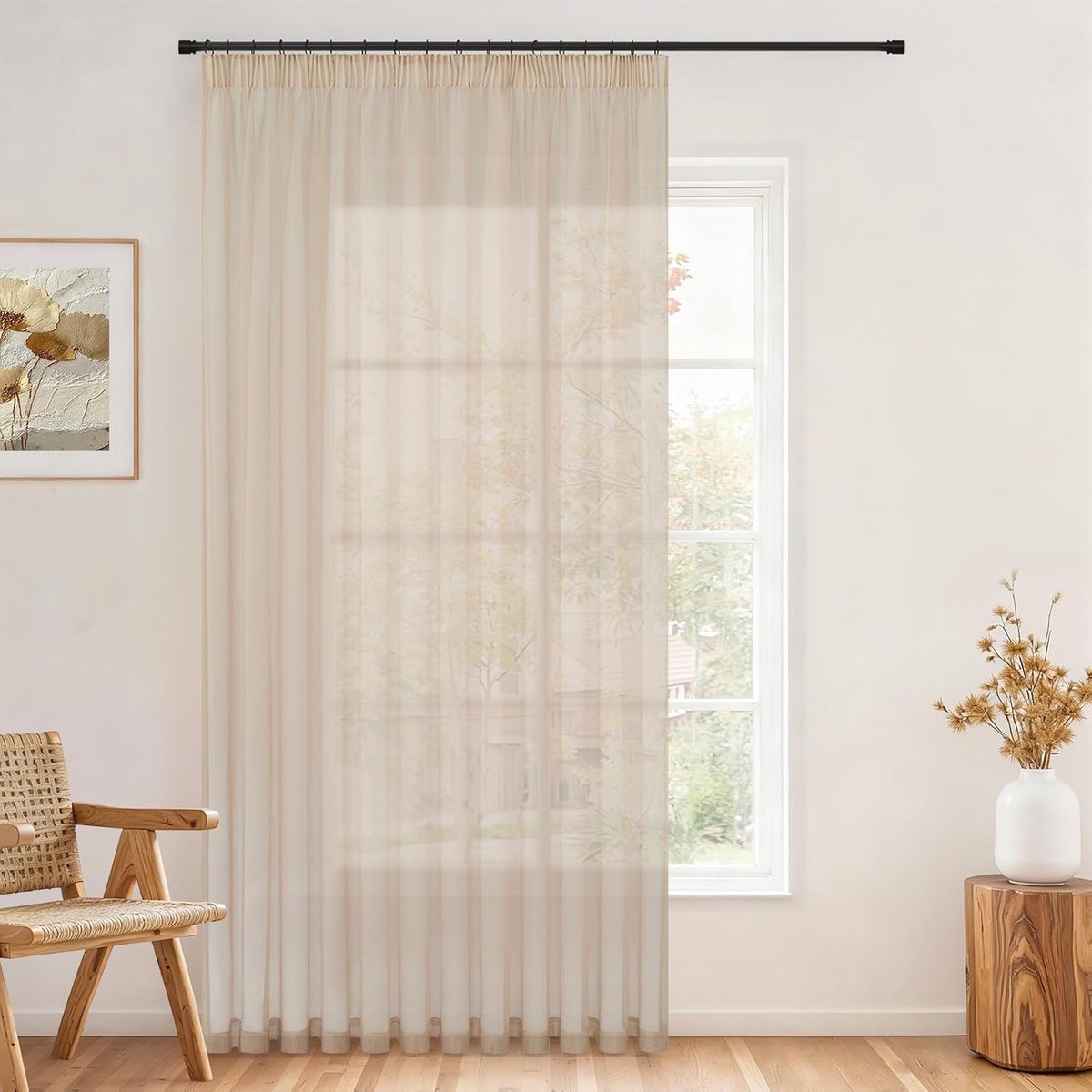 1 stuks gordijnen, beige, woonkamer, plooiband voor railsysteem, half-transparant, voile, lichtgordijn, 300 x 290 cm
