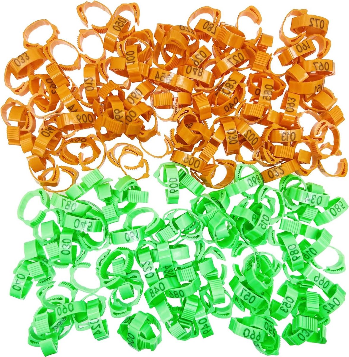 Kippenbeenringen - Vogelringen - Pluimvee Identificatie - Genummerd en Verstelbaar - 16 mm en 20 mm - Oranje en Groen