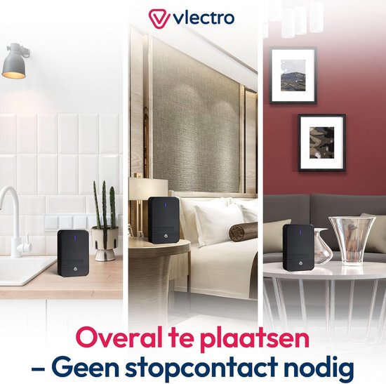 Zwarte draadloze deurbel met blauw lampje, geplaatst in een keuken, slaapkamer en woonkamer. "Overal te plaatsen - Geen stopcontact nodig"