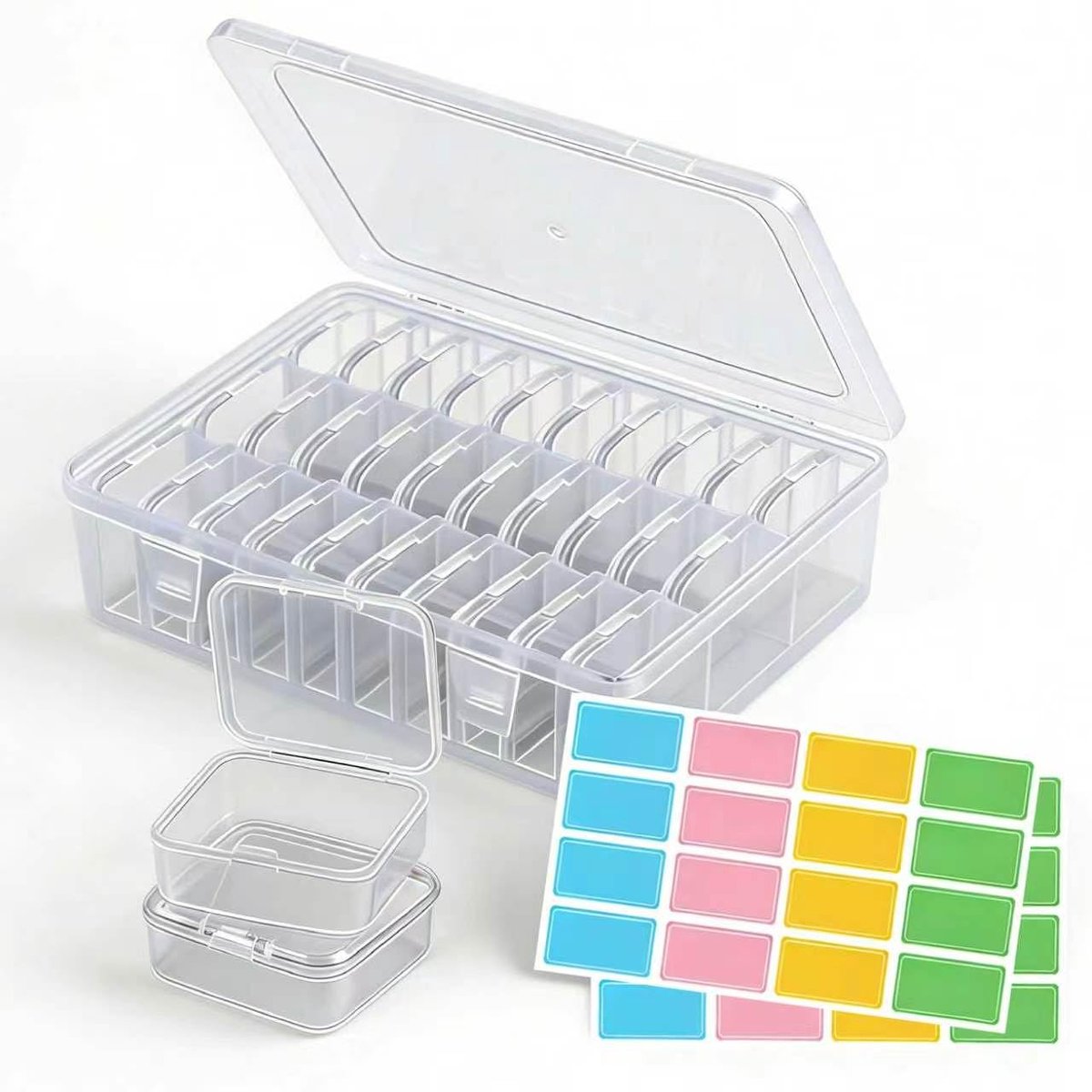 30 kleine opbergdozen van transparante kunststof, 5,5 x 5,5 x 2 cm, met klapdeksel + 2 etiketten, multifunctionele organizer voor thuis, kantoor en knutselwerk
