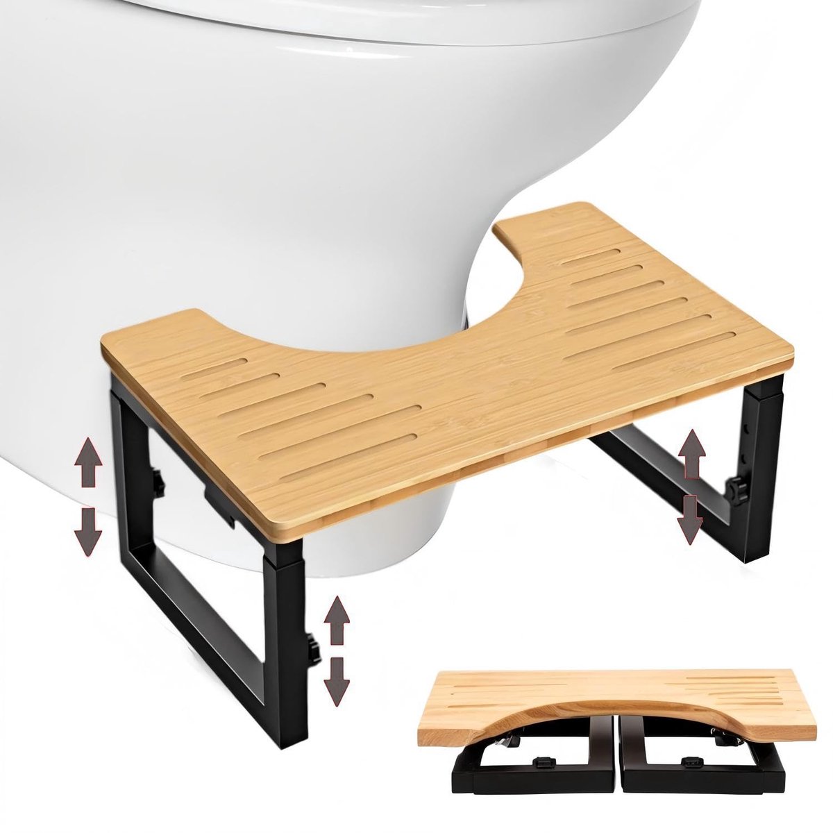 toiletkruk voor volwassenen, in hoogte verstelbare toiletkruk, gemaakt van metaal en hout, inklapbaar, antislip toiletstoel, poef voor kinderen (houtkleur)