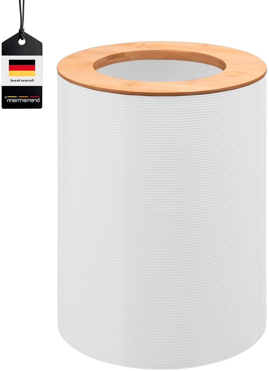 Kosmetische Afvalemmer - Prullenbakje Badkamer - Afval Verzamelen - Bamboe Deksel Ring - 55 Liter - Wit