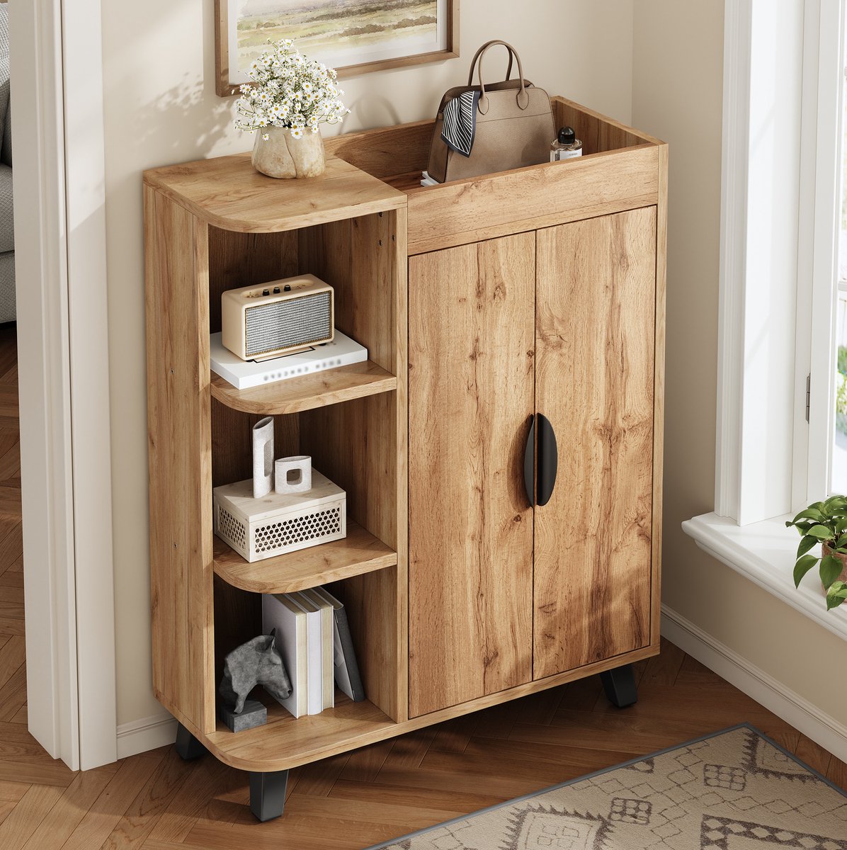MIVRAY Schoenenkast - Smal Ontwerp Met Open Vakken En Dubbele Deuren - Voor Hal En Kleine Ruimtes - Spaanplaat - 80x32x99 Cm - Naturel