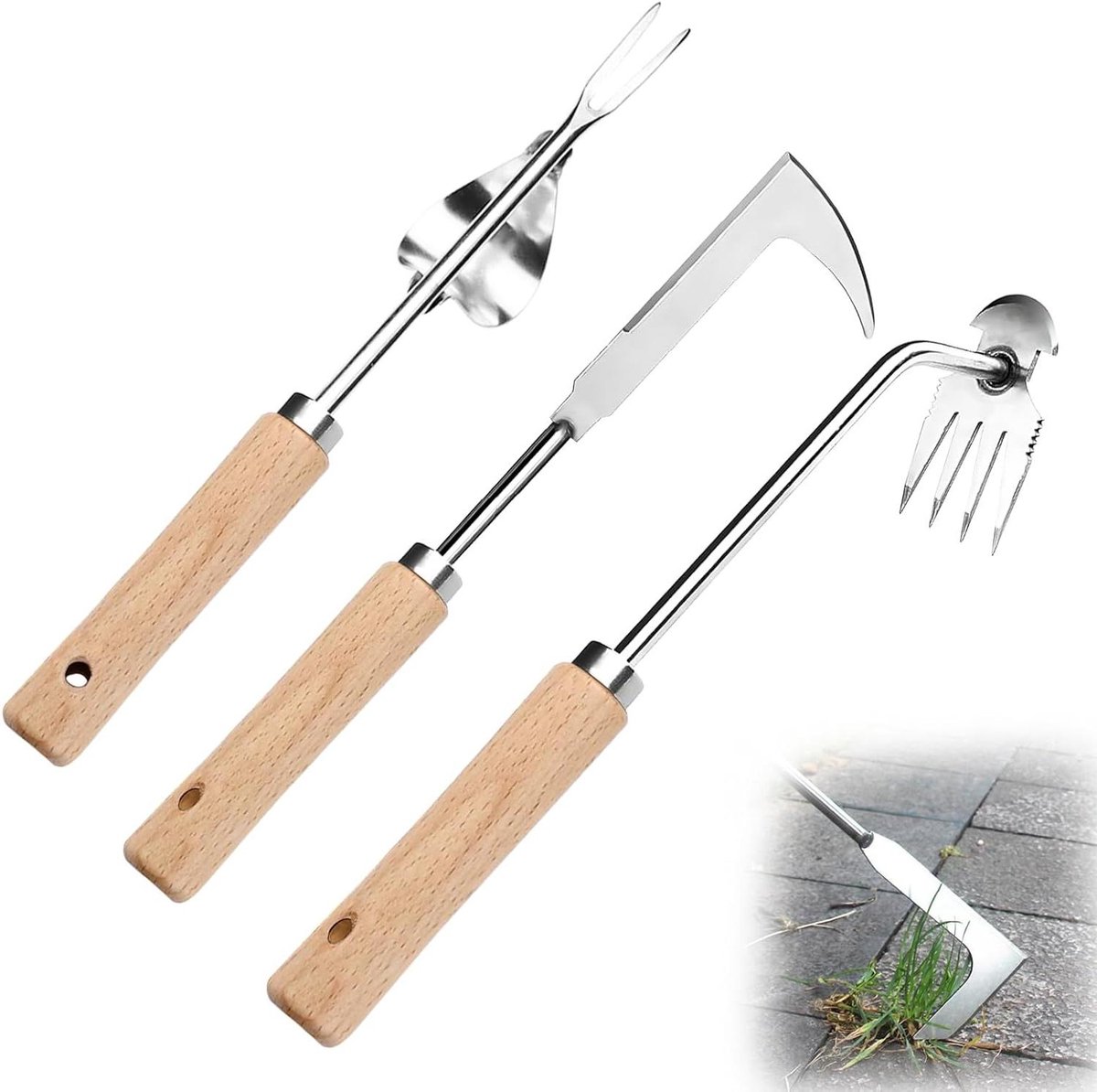 Onkruidverwijderaar Set - Tuingereedschap Handmatig - Onkruid Wieden - Verdikt Roestvrij Staal - 3 Stuks - Zilver