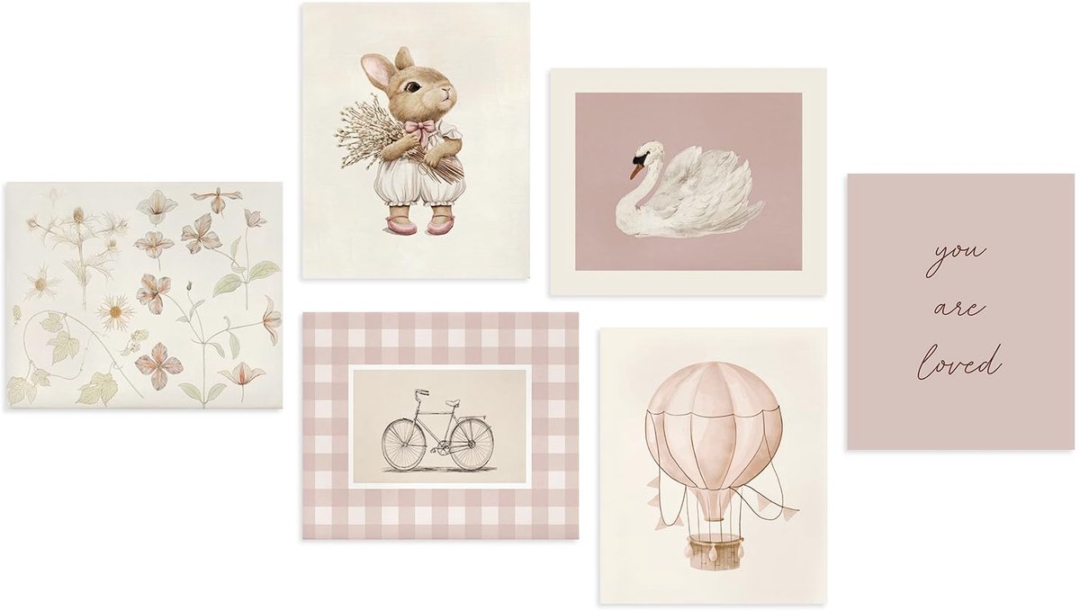 6 Stuks Roze Muurkunstprints voor Babykamer, Schilderijen van Zwanen, Vintage Konijntje en Bloemen voor Meisjeskamer, 8x10 inch Zonder Lijst
