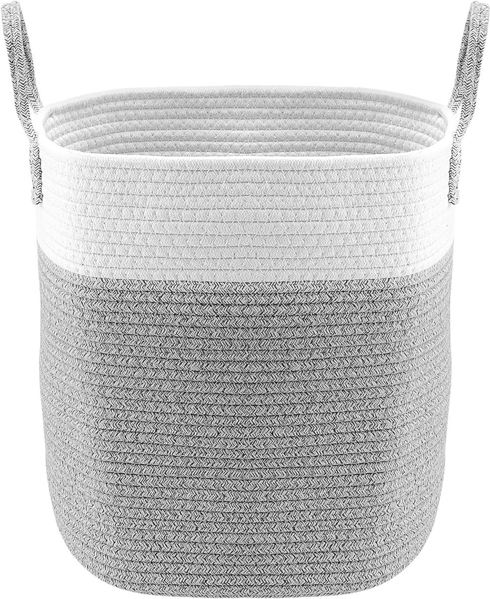 Katoenen mand - Geweven opbergmand - Ruimte organiseren - Met handvatten - 33x43 cm - Grijs en wit