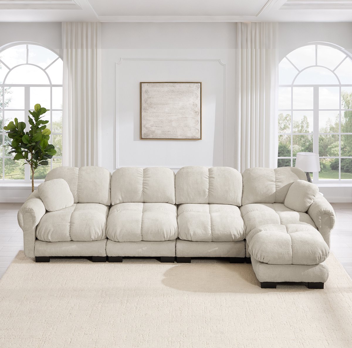 HAUSS SPOLE Hoekbank - Modulaire L-vormige Bank Met Mobiele Ottomane - Zacht En Ondersteunend Zitcomfort - Voor Woonkamer - Chenille Licht Khaki