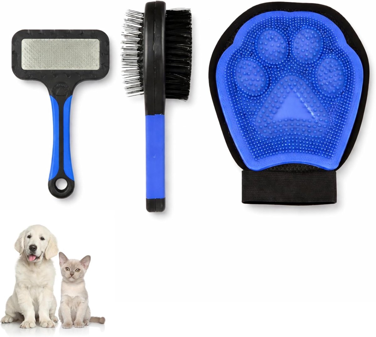 3-delige trimsalonkit voor honden en katten - dubbelzijdige borstel, ontwarren en siliconen handschoen voor trimmen - trimmingkit