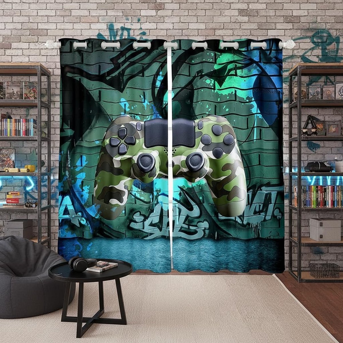 Gamepad raamgordijn, 175 x 140 cm, camouflage, game console, modieuze gordijnen voor kinderen, jongens en meisjes, bedrukt hiphop-graffiti, set van 2 raamgordijnen