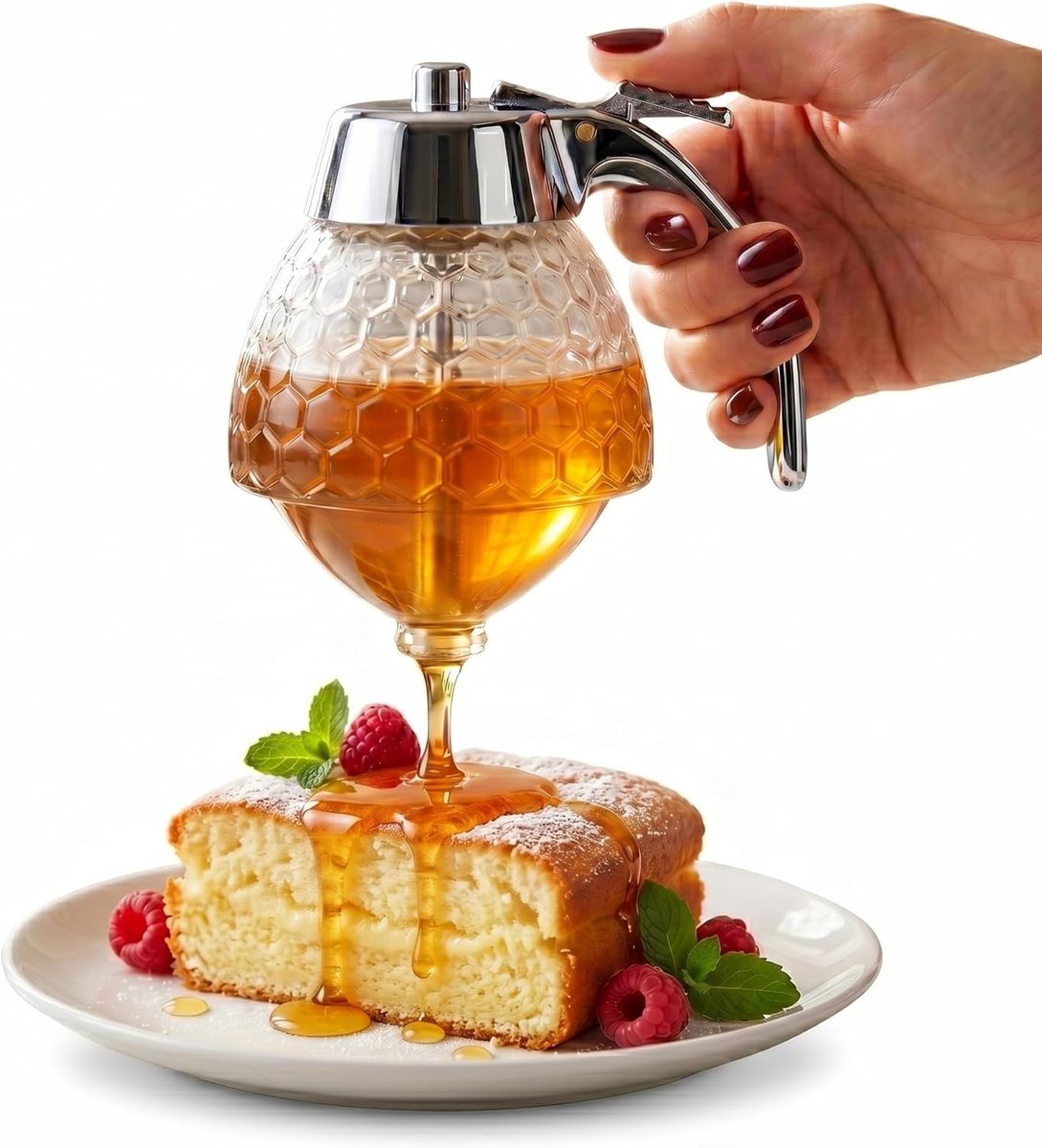 Honingdispenser met onderstel - 200 ml - Honingraatvormige honingpot - kunststof - Honingdispenser knijpfles - Siroopdispenser - Geschikt voor honing, ahornsiroop, chocoladesaus - Gemakkelijk te gebruiken en schoon te maken - Zilver