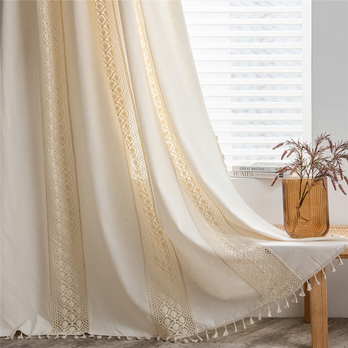 Raamgordijn, gebreid, gehaakt, patchwork, semi-lichtdoorlatend, met handgemaakte kwastjes, zoom voor stang, 149,9 x 213,4 cm (b x l), beige
