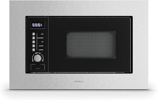 Inbouwmagnetron met zilverkleurige roestvrijstalen front, zwart glazen deur en digitaal display.