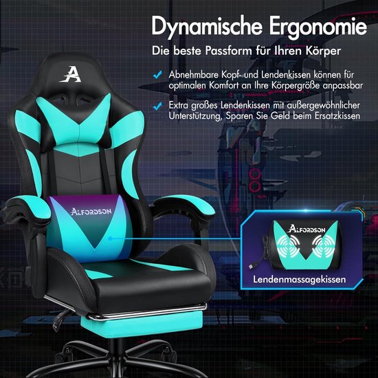 Gamingstoel met massage - Bureaustoel racer - Comfortabel gamen - 8-punts massagefunctie - 180 kg draagkracht - Cyaan — afbeelding 5