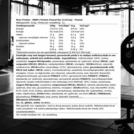Voedingswaarde per 100g en per reep (51g) van de M&M's Hi Protein Peanut eiwitreep.