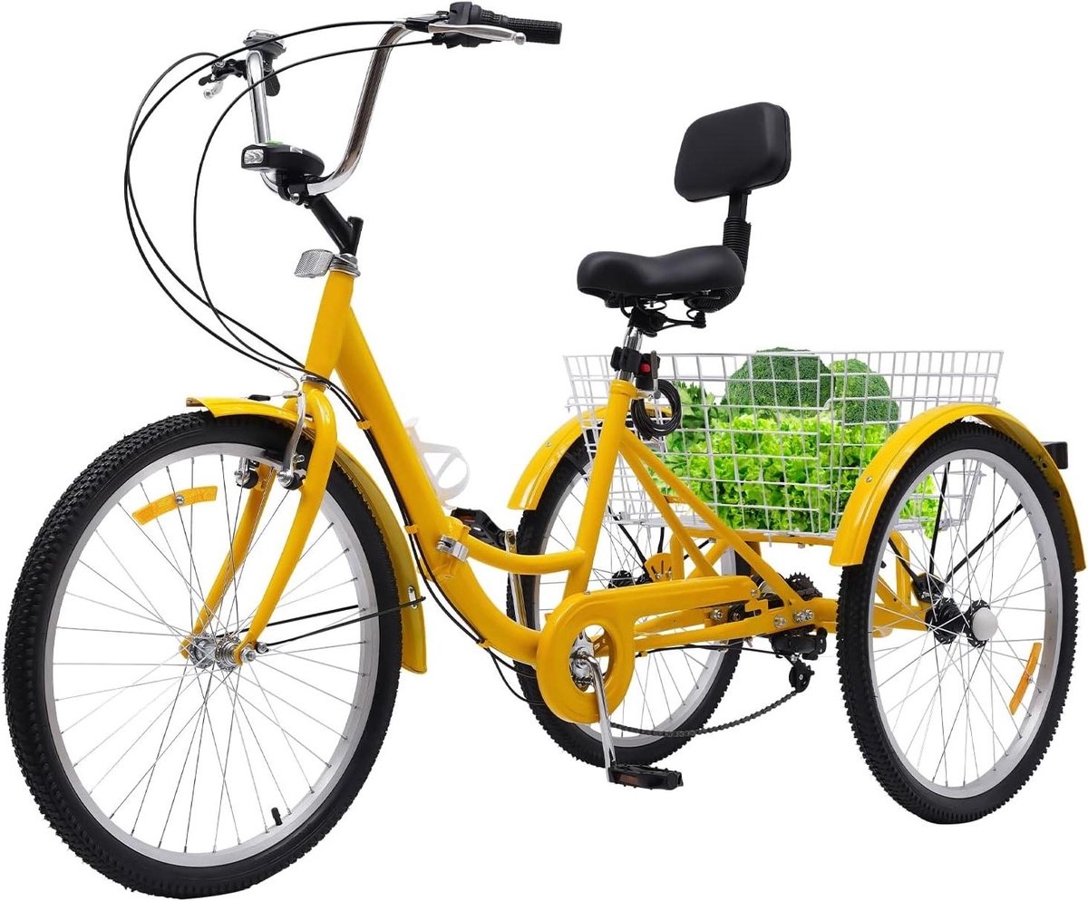 Opvouwbare Driewieler - Volwassen Driewieler - Boodschappen Doen - 7 Versnellingen - 24 inch - Geel