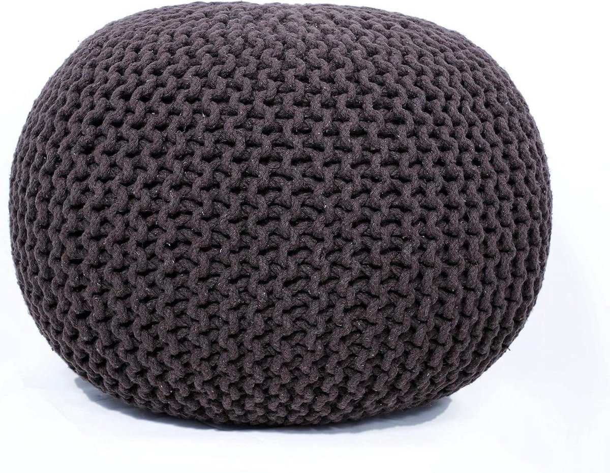Gebreide Katoen Poef - Voetenbankje Rond - Extra Zitplaats - Handgebreid Touwdesign - 50x50x35 cm - Bruin