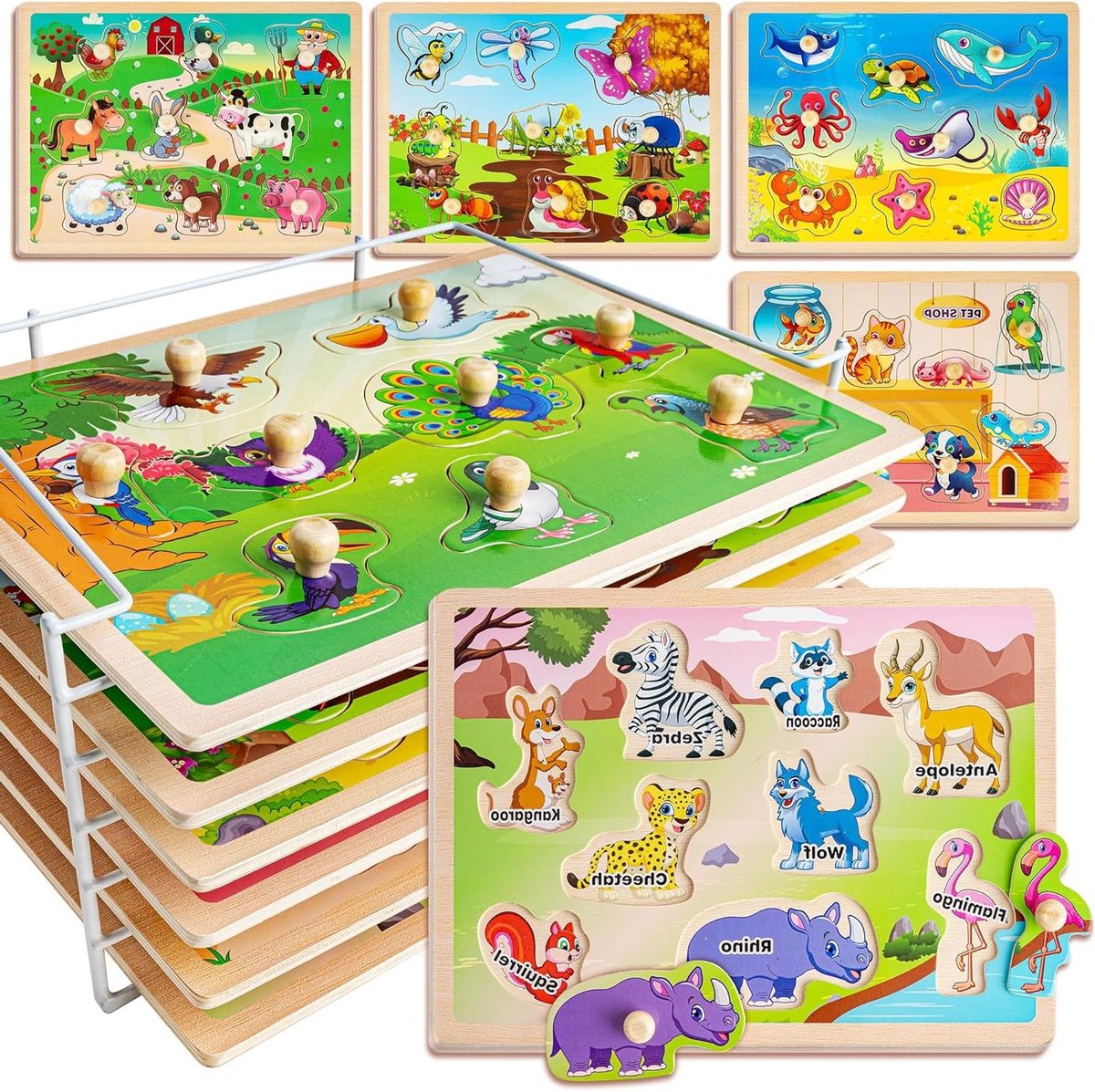 Houten Puzzels Peuters - Inlegpuzzels Dieren - Leren Spelen - 6 Verschillende Scènes - 34 x 23 cm - Multicolor