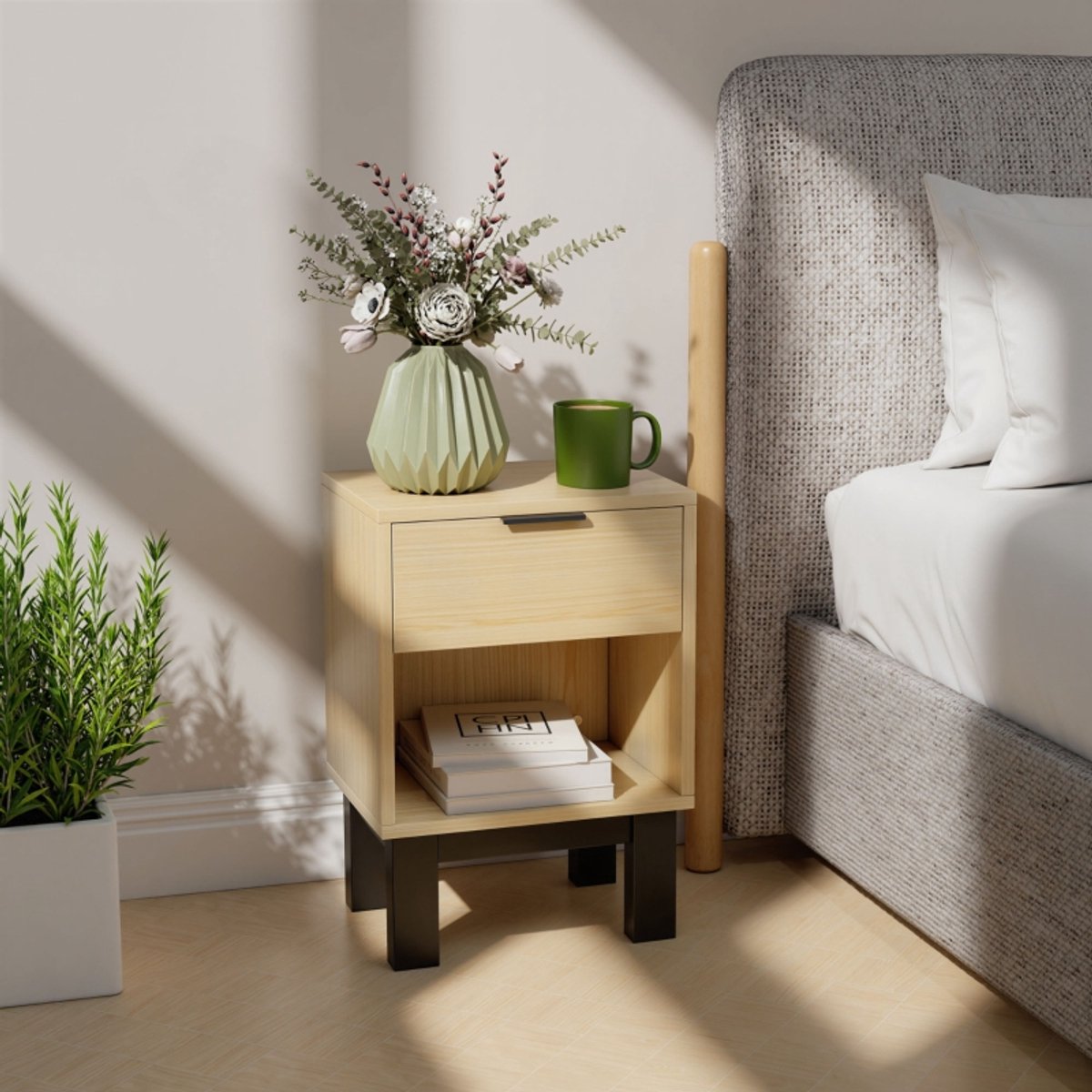 OKWISH Nachtkastje – Met Lade En Open Vak – 35 x 26 x 50 cm – Compacte Opbergruimte Voor Slaapkamer En Woonkamer – Eikenkleur