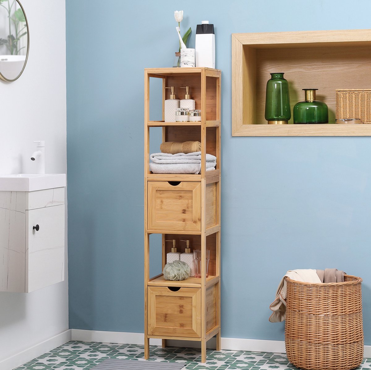 MEUNIQ Badkamerkast hoge kast 30 x 30 x 140 cm met 3 open vakken en 2 uitneembare lades, bamboe opbergkast met kantelbeveiliging voor badkamer, naturel