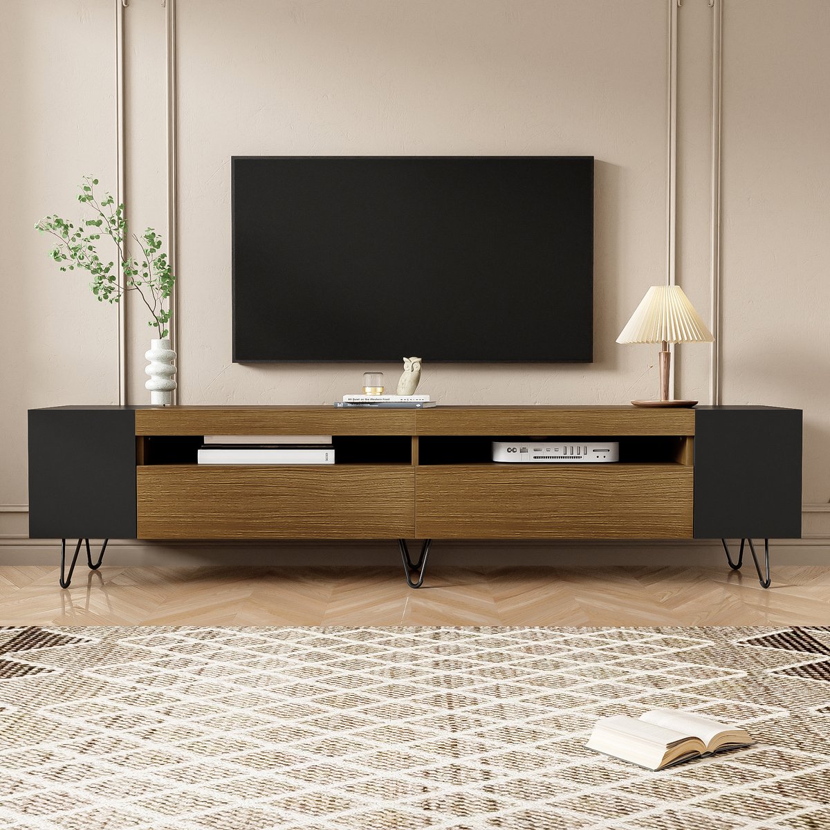 HAUSS SPOLE TV-Meubel - Modern Tv-Dressoir Met 2 Deuren En Open Vakken - Voor Woonkamer - MDF En Spaanplaat - 180x36x43 Cm - Zwart
