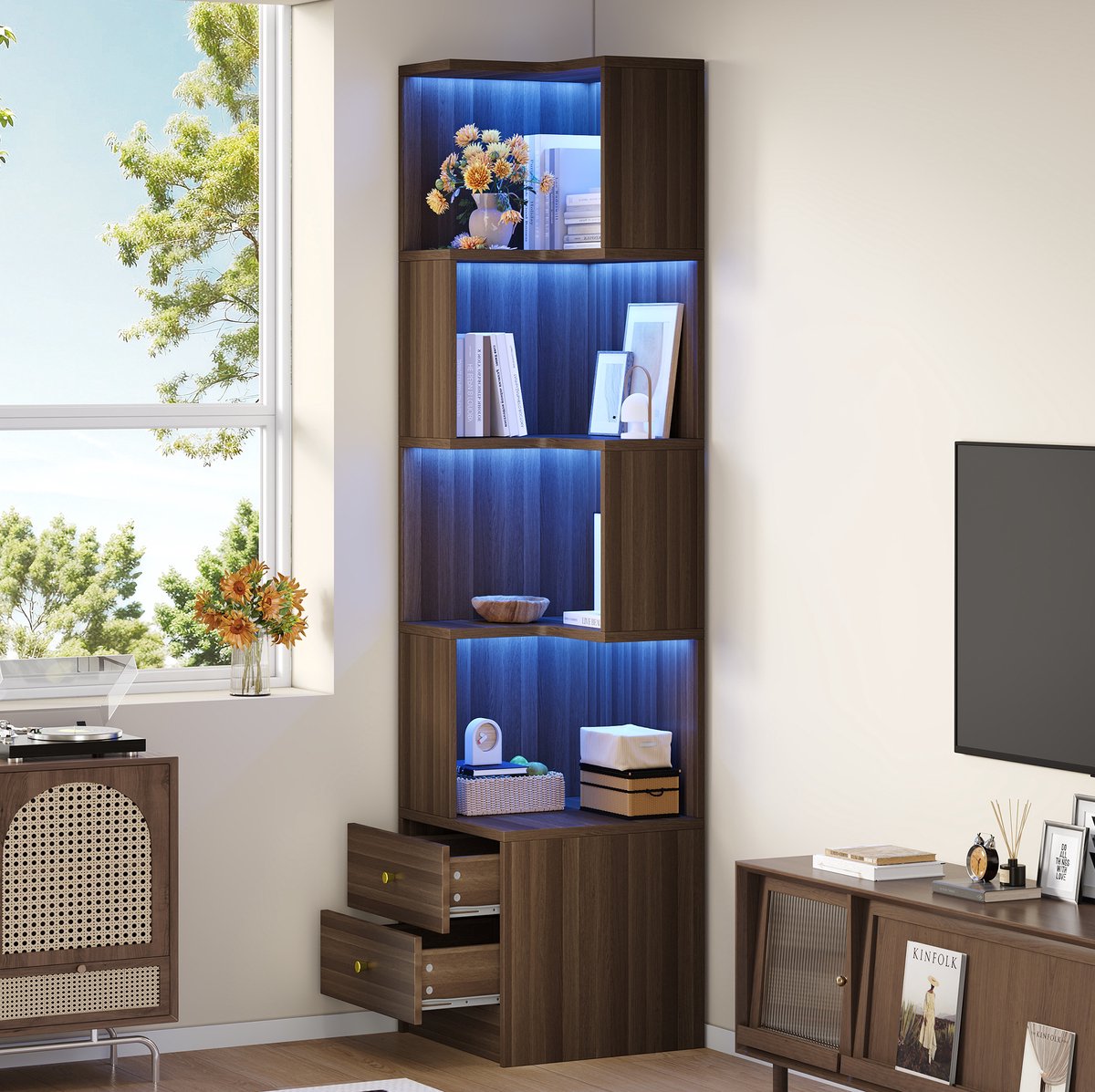 STILVORA Boekenkast - L Vormige Hoekkast Met Ledverlichting En 2 Lades - Voor Woonkamer En Kantoor - MDF - 45 x 43,5 x 180 cm - Bruin