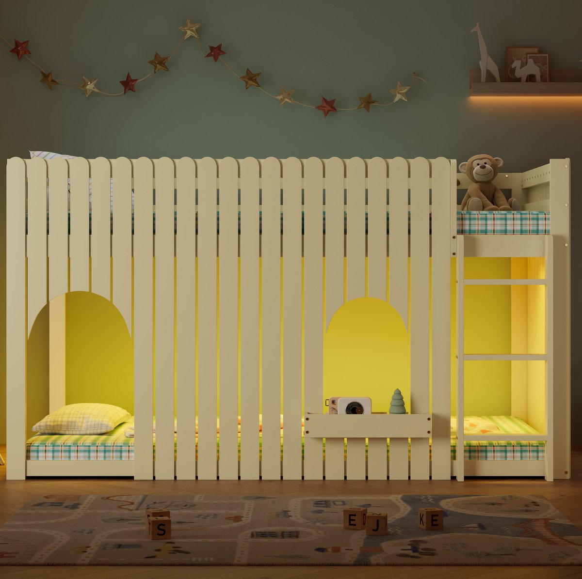 MIVRAY Hoogslaper 90x200 cm Zonder Matras - Kinderbed Met LED Verlichting en Opbergvak - Met Ladder en Veiligheidshekken - Hout en MDF - Naturel