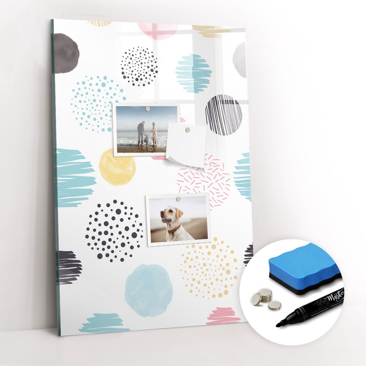 Tulup Whitebord - Kleurrijke cirkels - 40 x 60 cm - Veelkleurig Memobord Magnetisch - Gratis 5 Sterke Magneten + Whiteboard Marker & Wisser - Scandinavisch Design Bord - Magneetbord Rechthoekig - Notitiebord Werkplek