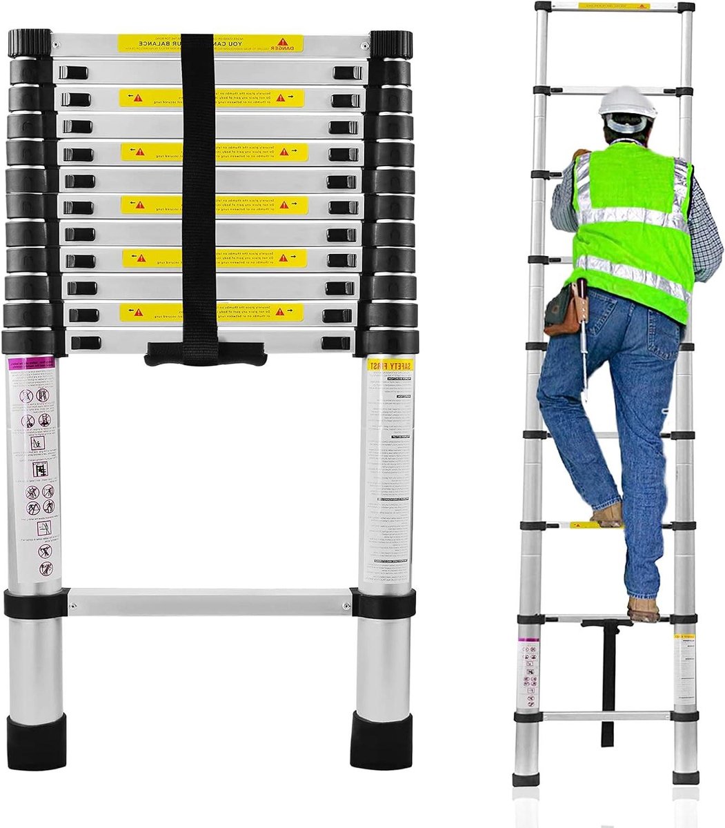Telescoopladder Aluminium - Vouwladder Stevig - Klus Klussen Buiten - Veiligheidsslot Mechanisme - 380 cm Hoog - Zilverkleurig
