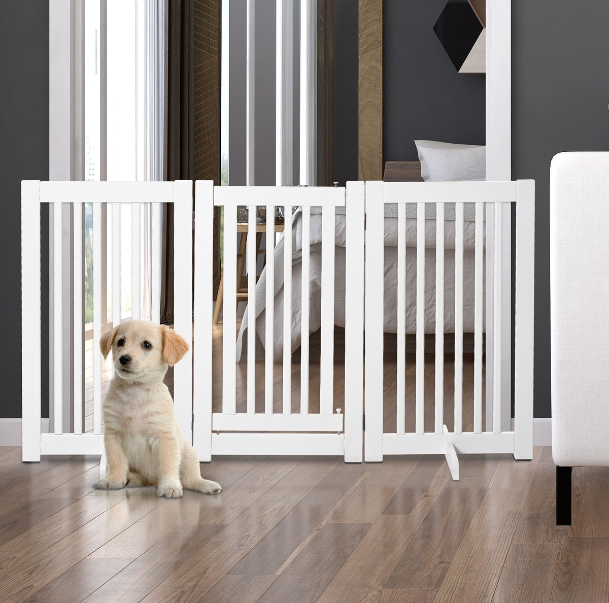 MIVRAY Hondenhek – Vrijstaand En Opvouwbaar – 155 x 1,5 x 76 cm – MDF – Wit – Met Deurtje Voor Flexibele Afbakening Binnen