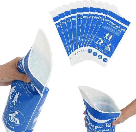 Twaalf blauwe wegwerp urinezakjes met gelabsorbent, 800 ml. Afbeelding toont één zakje in gebruik met pijl-icoontjes voor beperkte mobiliteit.
