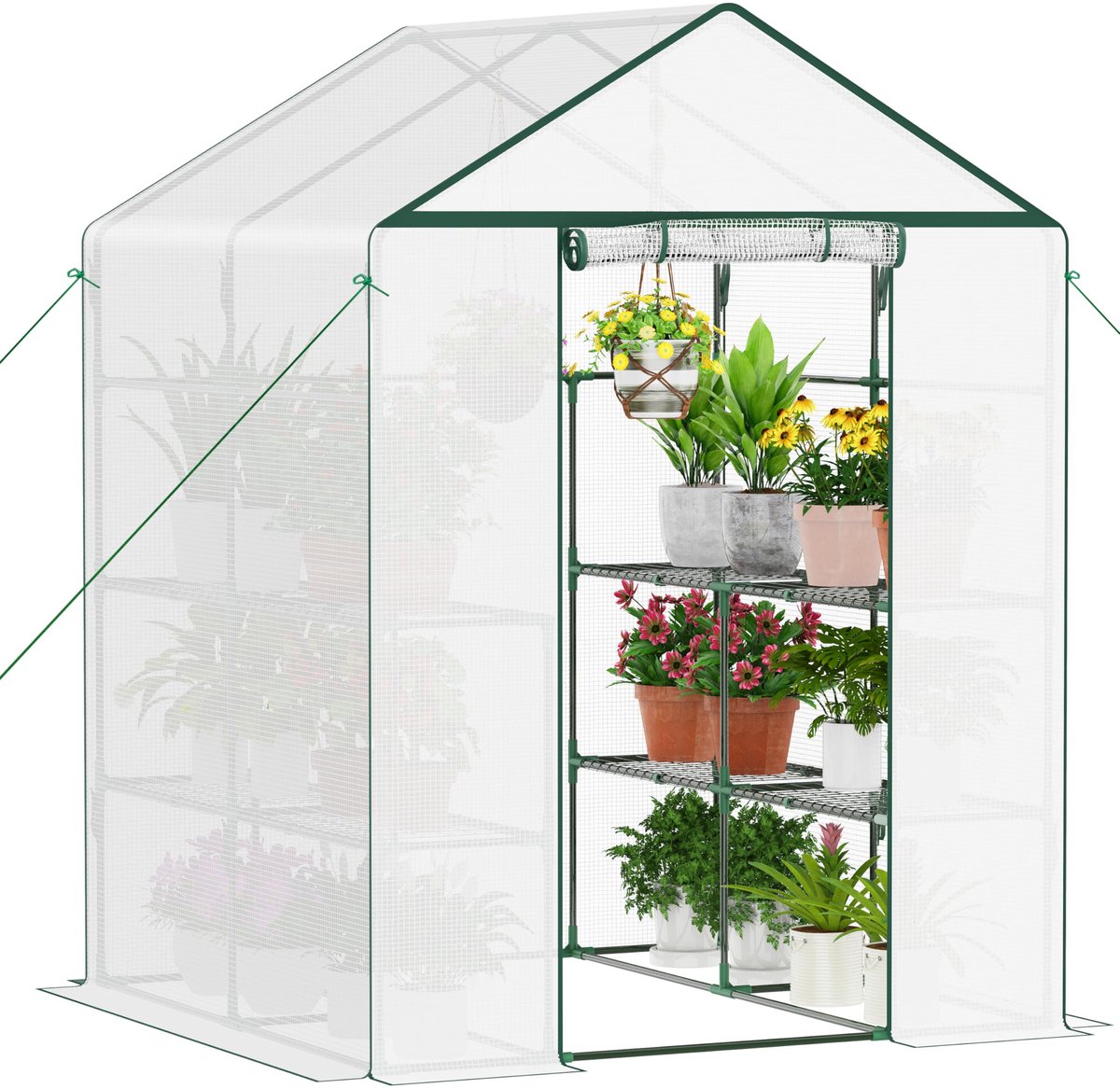 Broeikas met oprolbare deur, tomatenkas, 143 x 195 x 143 cm, 4 planken, broeikas, winterbestendig, PE-roosterfolie, tuinhuis voor planten, groenten, bloemen, wit