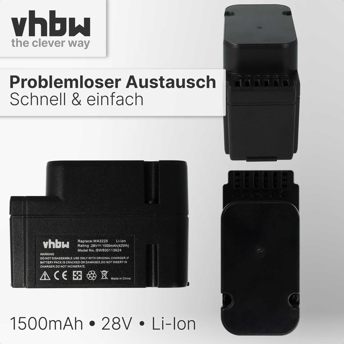vhbw Vervangende accu voor Worx WA3226, WA3565, WA3225 grasmaaiers (1500mAh 28V Li-Ion) thumbnail 3