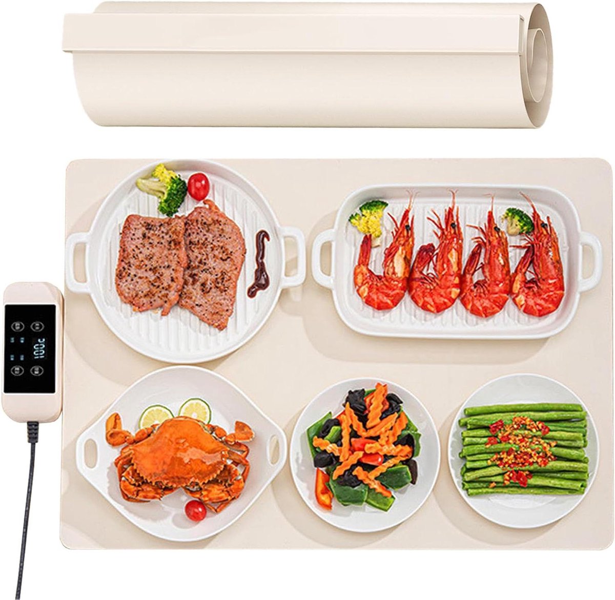 Elektrische Warmhoudplaat - Veelzijdige Warmteplaat - Eten Warm Houden - Opvouwbaar Siliconenontwerp - 63 x 38 cm - Wit