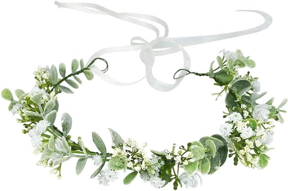Bloemenkrans - Bloemenhoofdband - Feestelijke Aankleding - Handgemaakt Verstelbaar - 19.6 cm - Groen